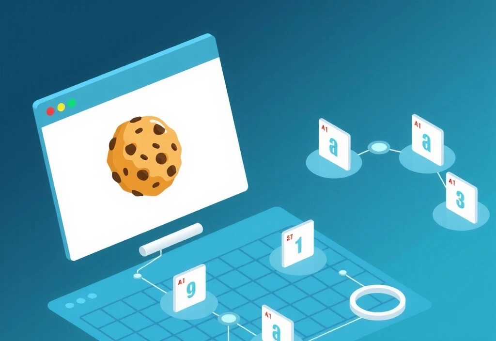 Cookie technology illustration showing digital data files and browser connection